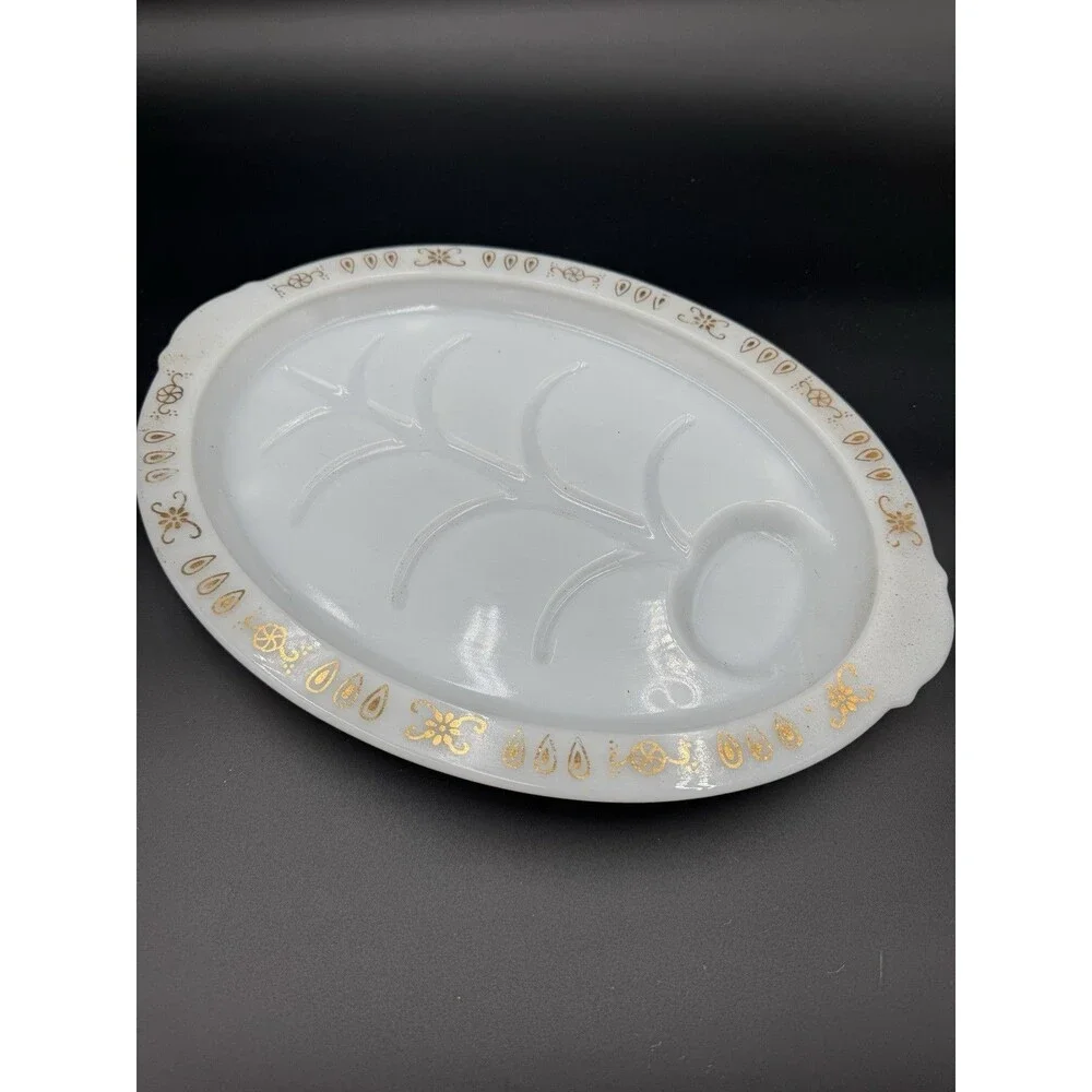 VINTAGE FIRE KING 14.5” OVAL FOOTED MEAT PLATTER TREE OF LIFE MILK GLASS